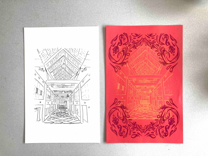 Zoom image: Posters hand screenprinted of the Center for the Arts Atrium, in the Atrium. Filigree layer designed by student Kylie Naylor. 
