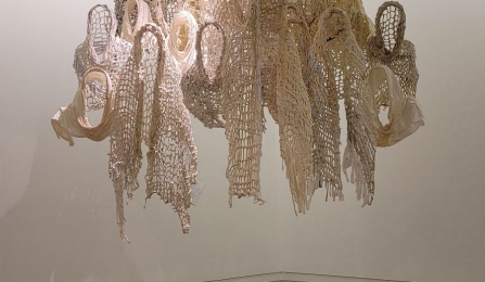 photo of Victoria Idongesit-Udondia's work "Akaisang" hanging in the Bronx museum, 2021. 