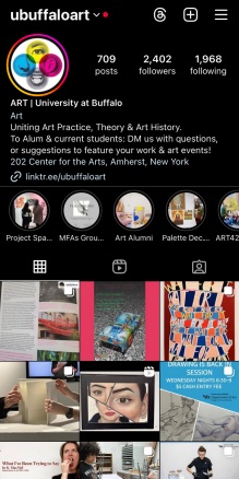 Screenshot of @ubuffaloart feed page on Instagram with profile picture, number of followers and posts, bio, and sneak peaks of feed post images. 