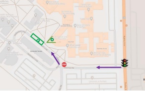 Zoom image: Map of UB South Campus with arrows and clinic location overlay.
