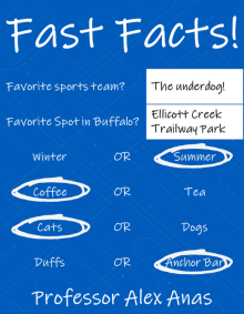 Favorite team: The underdog Favorite spot in Buffalo: Ellicott Creek Trailway Park Winter or Summer: Summer Coffee or Tea: Coffee Cats or Dogs: Cats Duffs or Anchor Bar: Anchor Bar. 
