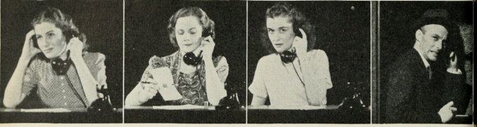 A historical series of four frames, women on telephones. 