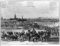 Zoom image: Benin City in the 17th century, with the Oba of Benin in procession. Public Domain Wikimedia Commons 