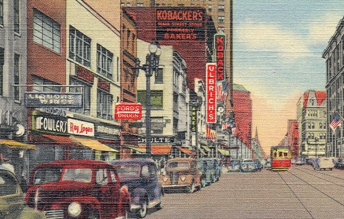 Postcard of painted streetscape from 1940s Buffalo. 