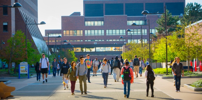 Students walking on North Campus. 