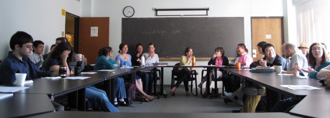 Graduate linguistics students meet on North Campus. 