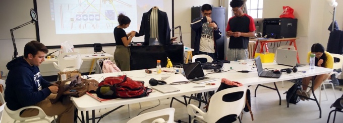Media Study students in the Wearable Computing class working in the department's Extensible Media Lab, Crosby Hall 201. 