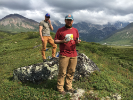 Joe Tulenko (PhD Student at UB) Nicolas Young PhD (Alum 2014). Joe is holding a rock sample that he is using to date the history of glacier retreat in the Alaska Range, AK. Photo credit: Professor Jason Briner