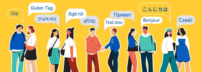 People graphics with speech bubbles saying "Hello" in different languages. 