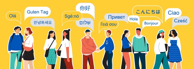 People graphics with speech bubbles saying "Hello" in different languages. 