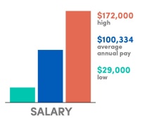 Bar graph, Salary: $172,00 high, $100,334 average annual pay, $29,000 low. 