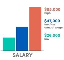 Bar graph, Salary: $85,000, high; $47,360 median; $26,000 low. 