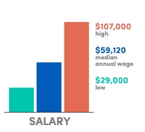 Bar graph titled, Salary: $107,000 high, $59,120 median annual wage, $29,000 low. 