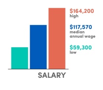 Bar graph, Salary: high $164,200; median $117,570; low $59,300. 