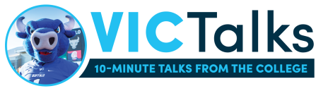 VicTalks logo: a photo of UB's mascot, Victor E. Bull.