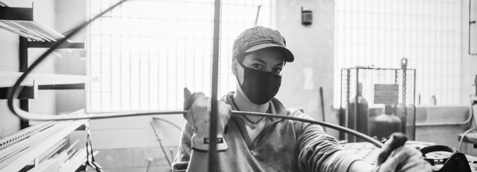 Artist Marguerite Kellam, working in the metals sculpture lab. 