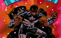 Black clad comic book superhero drawing on red background with the word EBON in black and blue colors. 