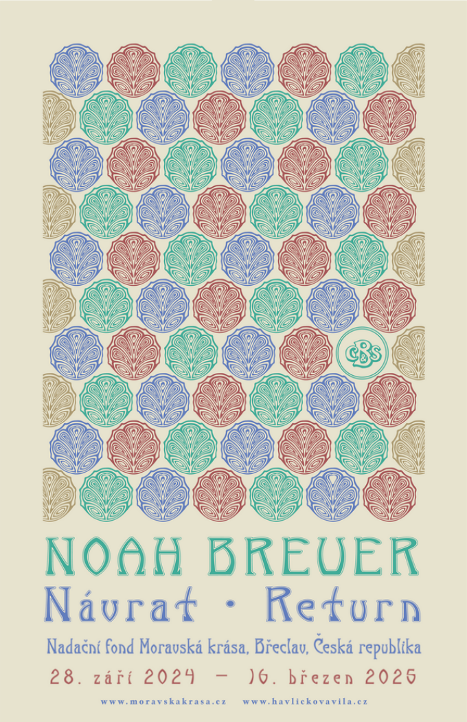 4 color risograph print, depicting a repeating pattern of a circular, leafy shaped line drawing motif. The pattern is periwinkle, light teal, burgundy, and light brown, on a tan background. Text: Noah Breuer Návrat • Return Nadacní fond Morauska krása, Breclav, Ceská republika 28. zari 2024 - 16. brezen 2026 www.moravskakrasa.cz www.havlickovavila.cz. 