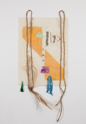 Zoom image: &quot;Pakete,&quot; 2024; handmade abaca paper, manila envelopes, manila rope, and mixed-media; framed: 57 1/2 x 35 1/2 inches 