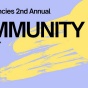 Text reads: "Hunt Residencies 2nd Annual Community Day, August 17th, 10:30AM-5PM", on a periwinkle and yellow patternd background. 