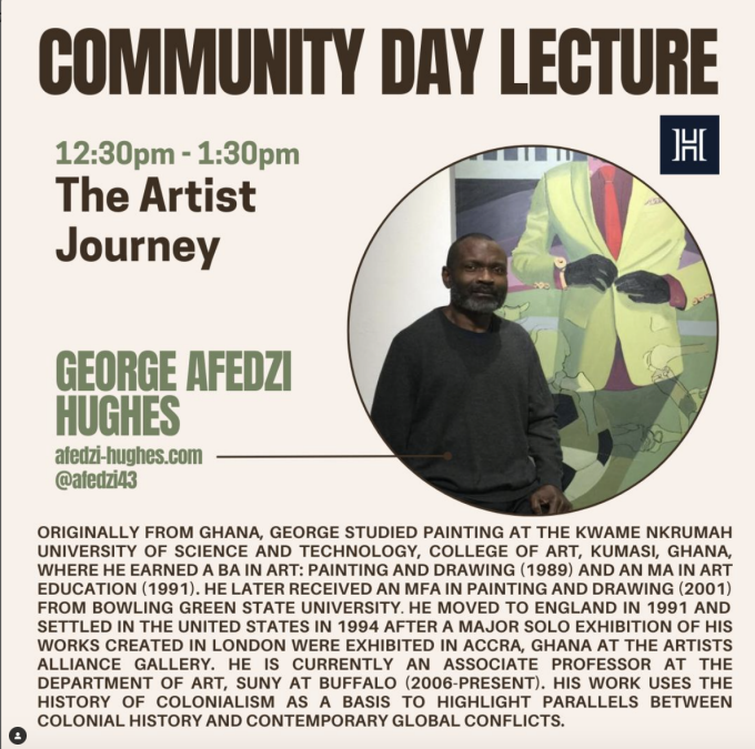 "Community Day Lecture" flyer with image of George Hughes, and his bio. Full alt text available upon request to art-info@buffalo.edu. 