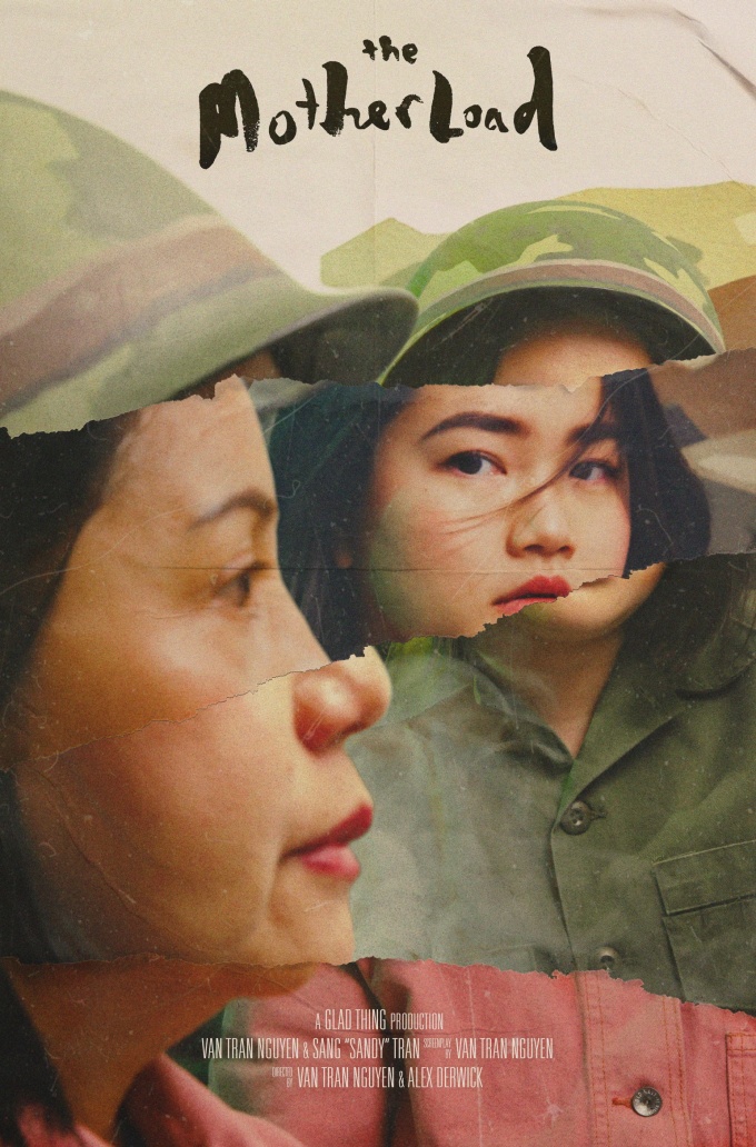 "The Motherload" movie poster says the title on the top in black loose hadwriting font, and pictures a collage style portrait of two women, a profile of an older woman in the foreground, and sideways glance of the face of a younger woman in the background. Both wear green army rounded helmuts. 