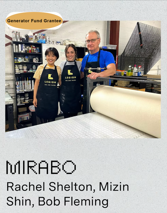 Three people wearing aprons stand in front of a printing press. "MIRABO Rachel Shelton, Mizin Shin, Bob Fleming". 