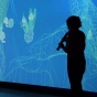 Silhouette of a person playing a clarinet, in front of a blue backfround depicting jellyfish swimming. 