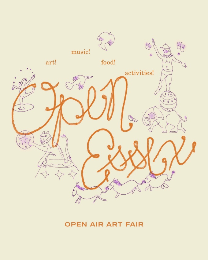 Zoom image: An event poster with a cream background, large orange cursive text that says "Open Essex", and thin line purple doodle of animals and circus themes, and typed orange text reading:"Art! msuic! food! activities!, open air art fair".