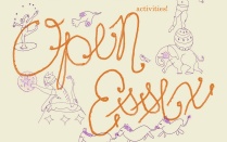 Zoom image: An event poster with a cream background, large orange cursive text that says "Open Essex", and thin line purple doodle of animals and circus themes, and typed orange text reading:"Art! msuic! food! activities!, open air art fair".