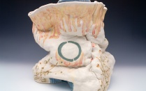 Zoom image: Beth Atanacio, Thought &ne; Action, 2025, 9.25 x 8.5 x 9 inches, porcelain. Available at the BAS Annual Studio Artist Show and Sale. 