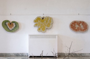 Zoom image: aidelen montoya blemish fruits, 2025 recycled styrofoam, acrylic, pins, glass beads Photo: Ligia Sato These fruits are part of a larger project, Commercially Undesirable, examining how misshapen foods are disregarded and thrown out despite being perfectly edible. Much like indigenous ways of life were overruled by colonists. 