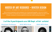 Zoom image: Poster that says "Colorfield, an art invasion" in multicolor text at the top, with an orange block with white text below, and then black and white headshots of 3 artists: Becky Brown, Kyle Butler, and Edreys Wajed