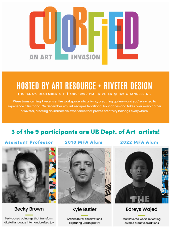 Zoom image: Poster that says "Colorfield, an art invasion" in multicolor text at the top, with an orange block with white text below, and then black and white headshots of 3 artists: Becky Brown, Kyle Butler, and Edreys Wajed