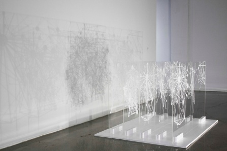 Zoom image: Mizin Shin, World Network Models Vol., 2022, Screenprint on clear acrylic sheet. 37” x 66” x 60” (height x width x depth) 36&quot; x 60&quot; /panel (5 panels total). Courtesy of the artist. 