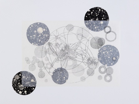 Zoom image: Mizin Shin, World Network Models, 2025, Chine-collé, Etching, Digital Print, 15” x 22.5” (height x width). Courtesy of the artist. 