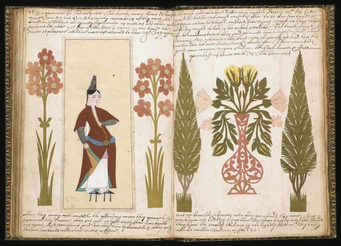 Ottoman costume album produced in Istanbul in 1618 and owned and inscribed by Peter Mundy (© The Trustees of the British Museum) Depicts tall flowers, a Turkish person in traditional garb, potted ornamental trees, and handwritten text. 