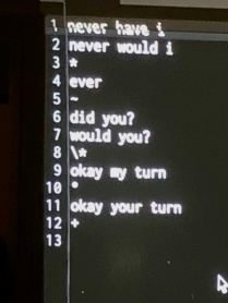 Joel Brenden, "Maybe Have I Never", participatory performance at Trimania Reboot, Buffalo Arts Studio, March 29, 2025, depicting a a command line computer screen with text saying "Never have i, never would i, * ever - did you? would you? \* okay my turn * okay your turn *". 