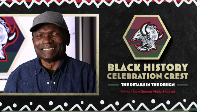 Zoom image: Picture of George Afedzi Hughes with Sabres Black Hisotry celebration crest that he designed with sabres logo and elements of the pan-african flag, african mask, and hexagon.