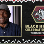 Zoom image: Picture of George Afedzi Hughes with Sabres Black Hisotry celebration crest that he designed with sabres logo and elements of the pan-african flag, african mask, and hexagon.