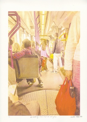 Yellow and orange artist print of people standing on a bus. 