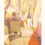 Yellow and orange artist print of people standing on a bus. 