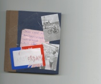 Front cover of artist's handmade sketch journal with photos and notes collages on front cover. 