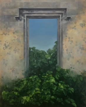 Yellow and orange artist print of people standing on a bus. 