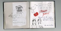 2 pages of a artist's handmade sketch journal with drawings and collaged receipts. 
