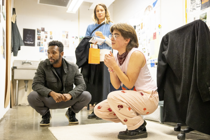 Zoom image: Gardner Astalos with Open Studios guests, during Art in the Open, October 2025 Photo: Meredith Forrest Kulwicki 