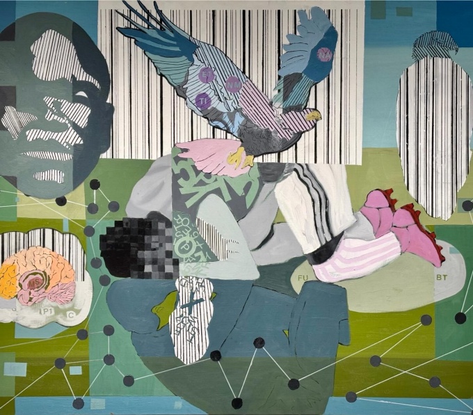 Zoom image: George Afedzi Hughes, Tactics, 2022; Oil on linen, 38 x 48 inches; Burchfield Penney Art Center, Art Acquisition fund, 2023 