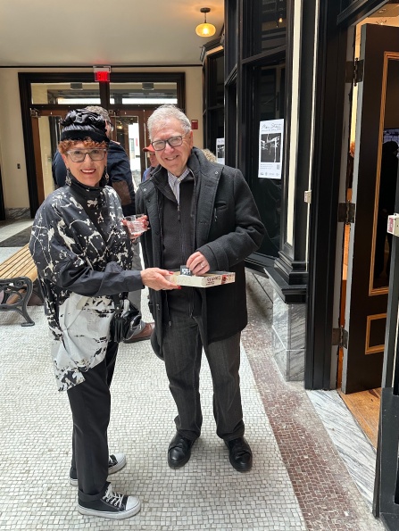 Zoom image: Diane Bush with former WNED colleague, Roger Parris, at the May 1, 2026 opening reception of "Main Street by Diane Bush" at CEPA Gallery. Bush was a Still Photographer at WNED-TV, and Parris was a Sound Technician and Videographer. 