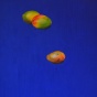 painting of three mangoes on a deep blue background. 