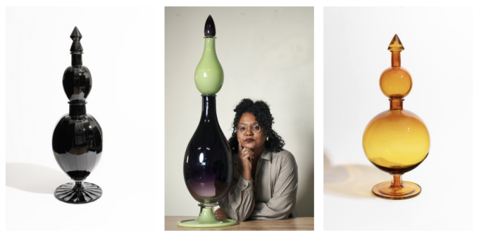 Zoom image: From left: Black Star Line (2024), blown glass created with the Museum of Glass; Crystal Z Campbell pictured with one of her blown glass works; and The Comet (after W.E.B. Du Bois) (2024). Glass works photographed by Ian Lewis; headshot by Brandon Watson. 